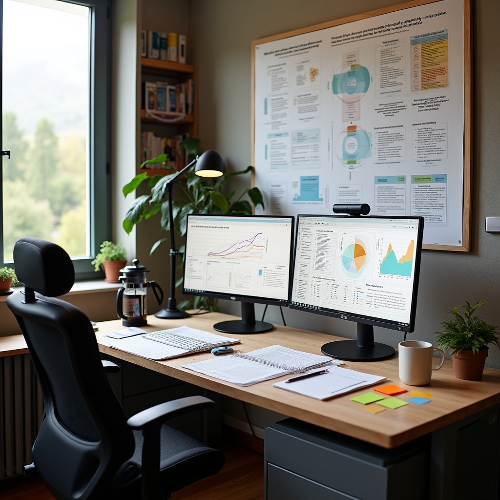 Energy education workspace with battery research materials and technical documentation