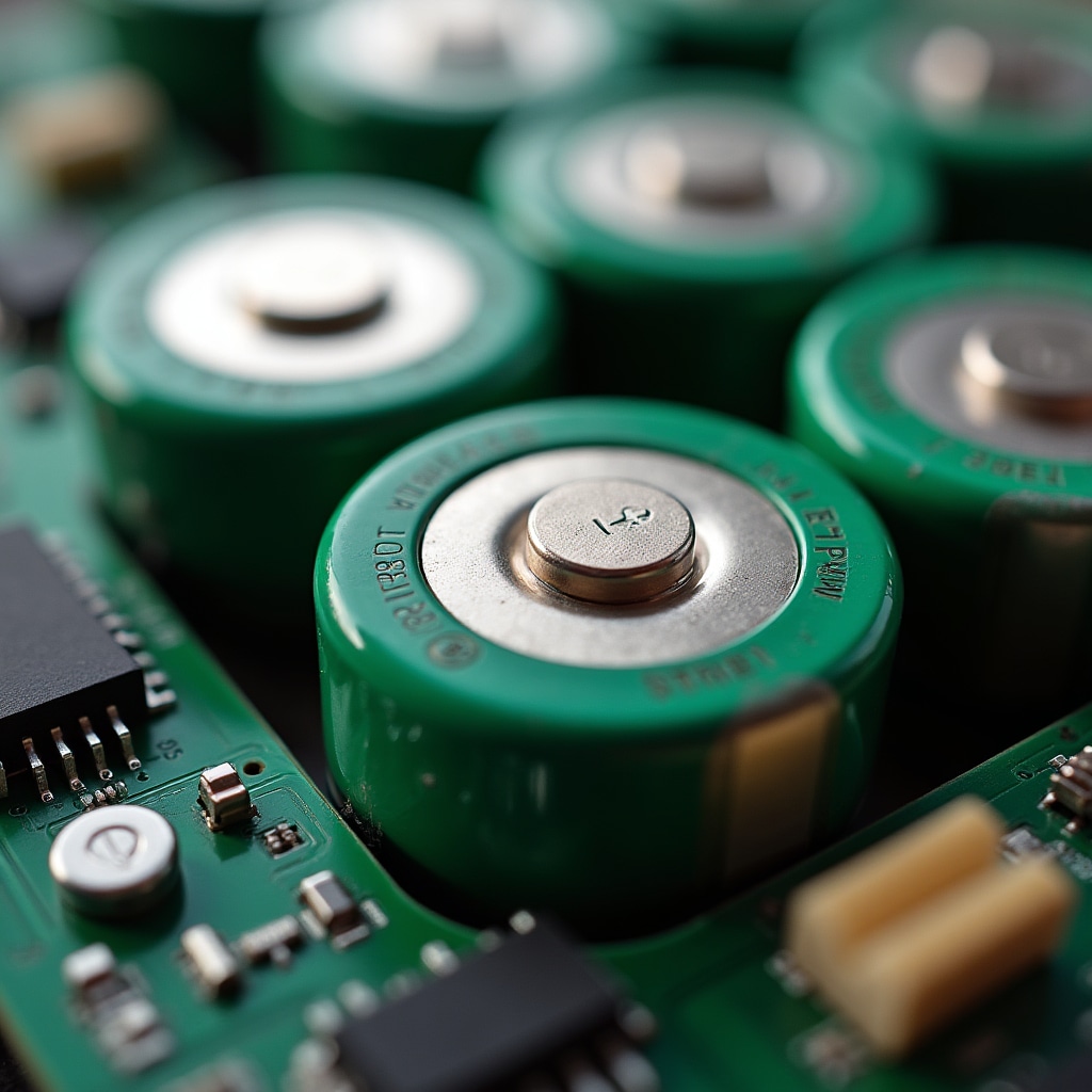 Close-up view of lithium-ion battery cells showing internal structure and connection points